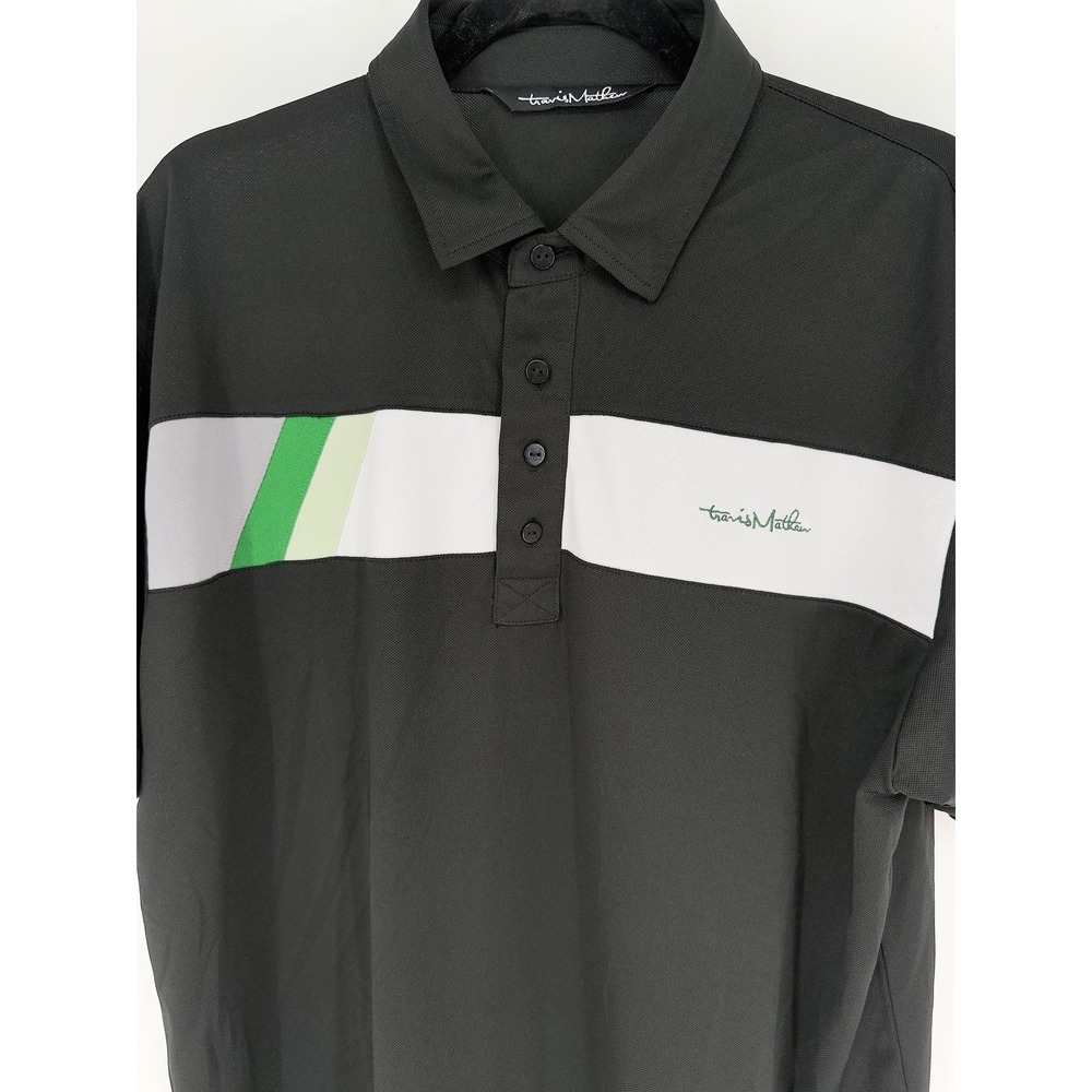 TravisMathew Polo Shirt Mens XL Black Green‎ Stripe Golf Performance Colorblock - Picture 2 of 10